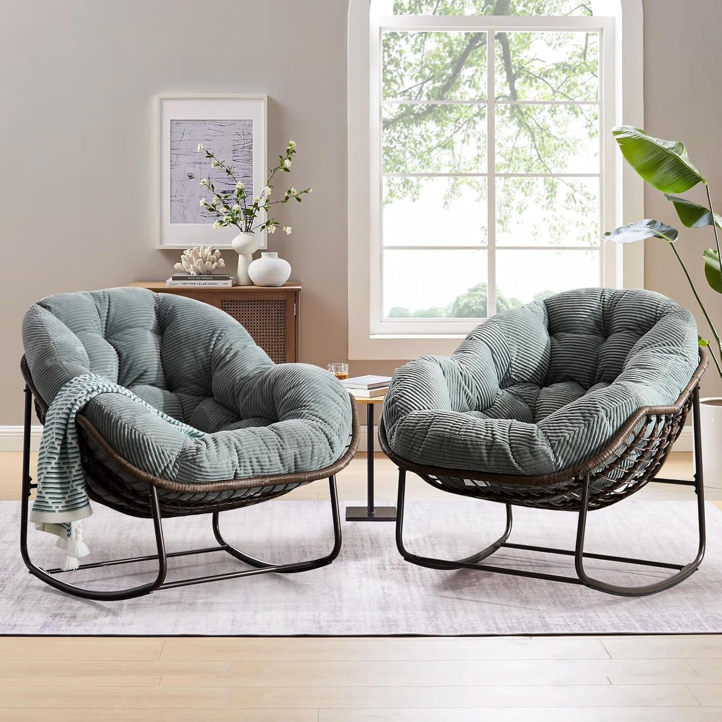 Oversized Rocking Papasan Chair – Extra Thick Cushion, Sturdy Wicker Frame, Indoor/Outdoor Lounge Chair for Porch, Patio & Balcony