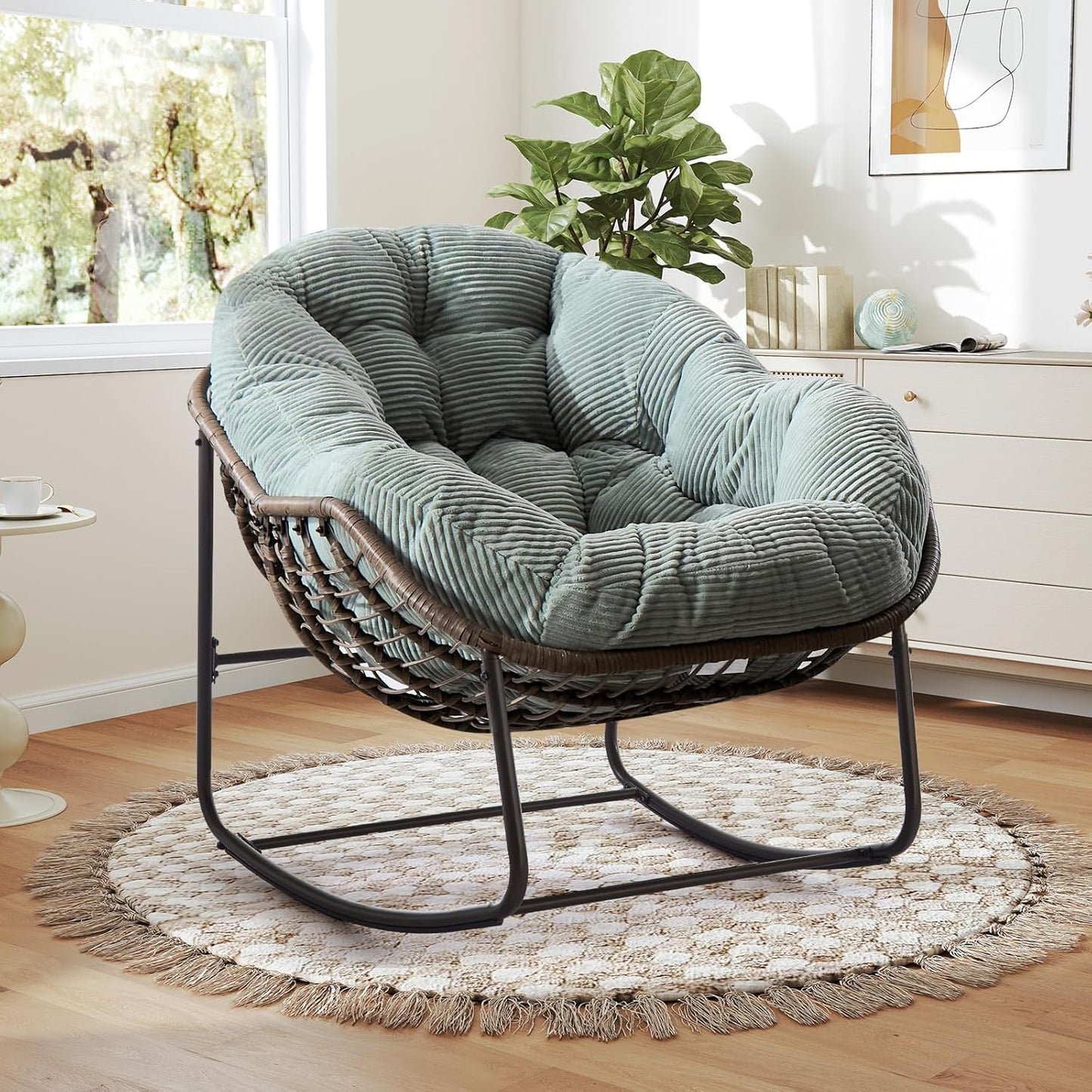 Oversized Rocking Papasan Chair – Extra Thick Cushion, Sturdy Wicker Frame, Indoor/Outdoor Lounge Chair for Porch, Patio & Balcony
