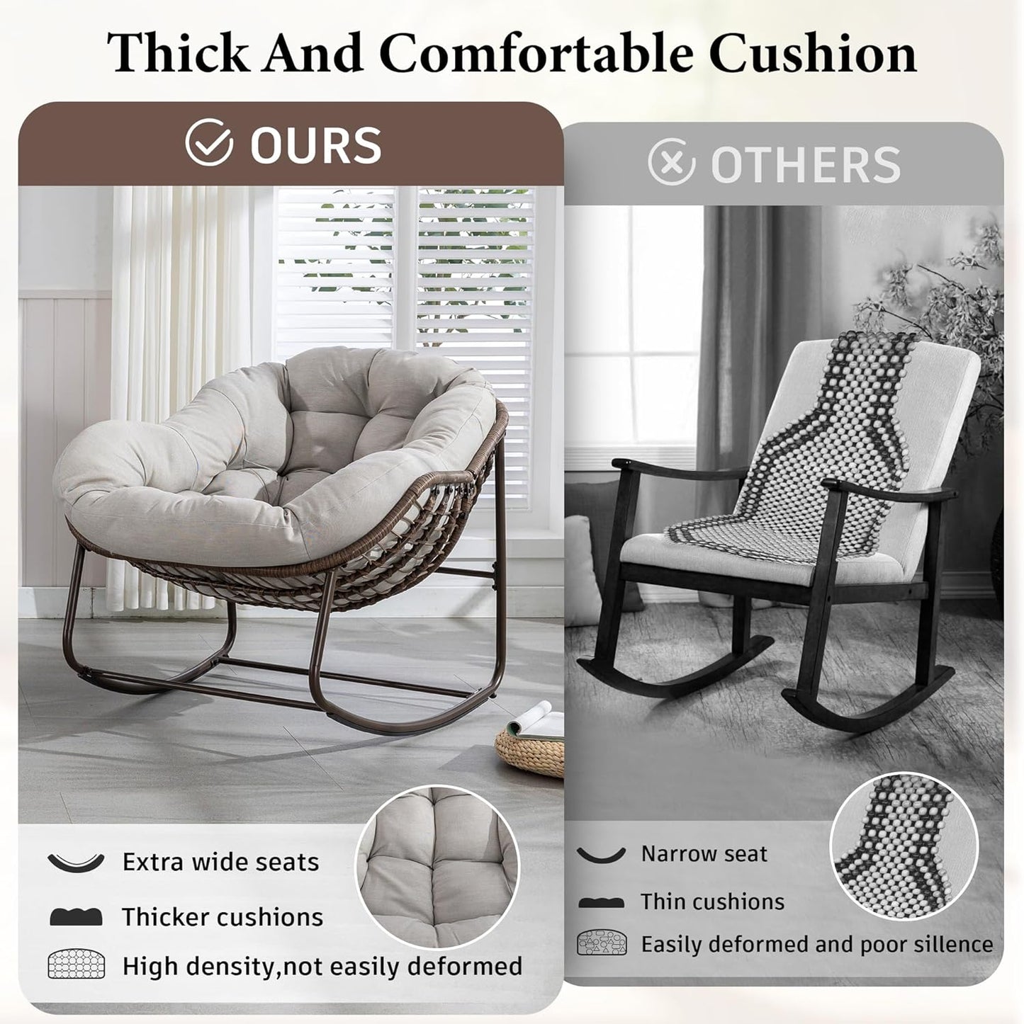 Oversized Rocking Papasan Chair – Extra Thick Cushion, Sturdy Wicker Frame, Indoor/Outdoor Lounge Chair for Porch, Patio & Balcony