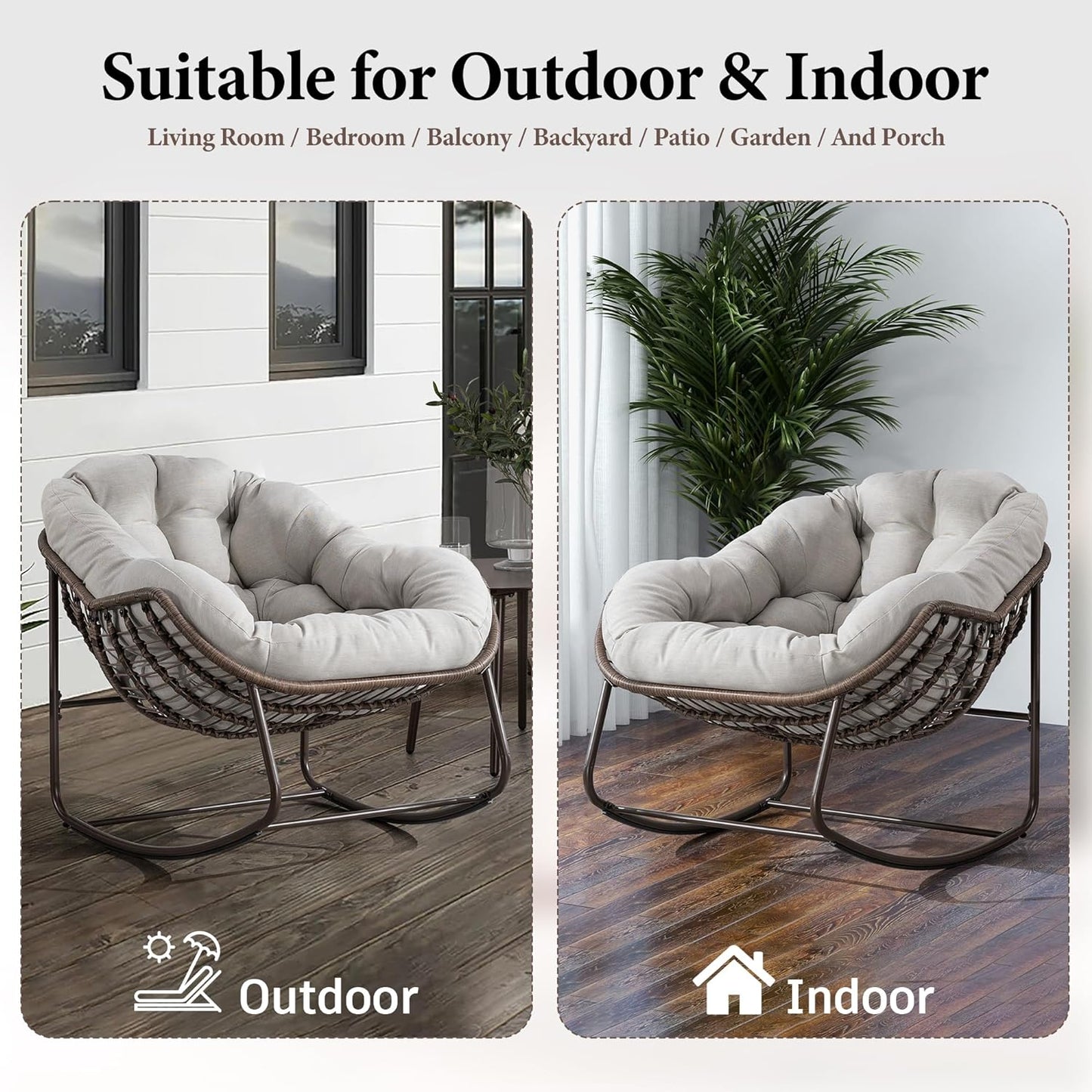 Oversized Rocking Papasan Chair – Extra Thick Cushion, Sturdy Wicker Frame, Indoor/Outdoor Lounge Chair for Porch, Patio & Balcony