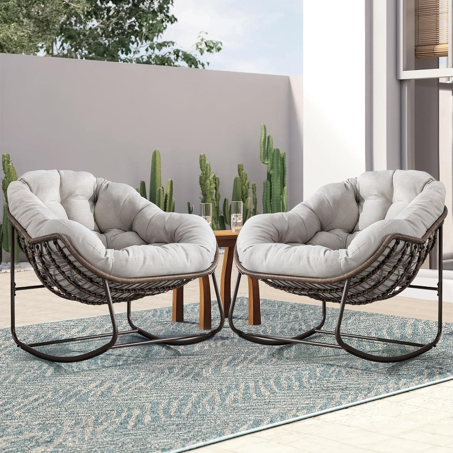 Oversized Rocking Papasan Chair – Extra Thick Cushion, Sturdy Wicker Frame, Indoor/Outdoor Lounge Chair for Porch, Patio & Balcony