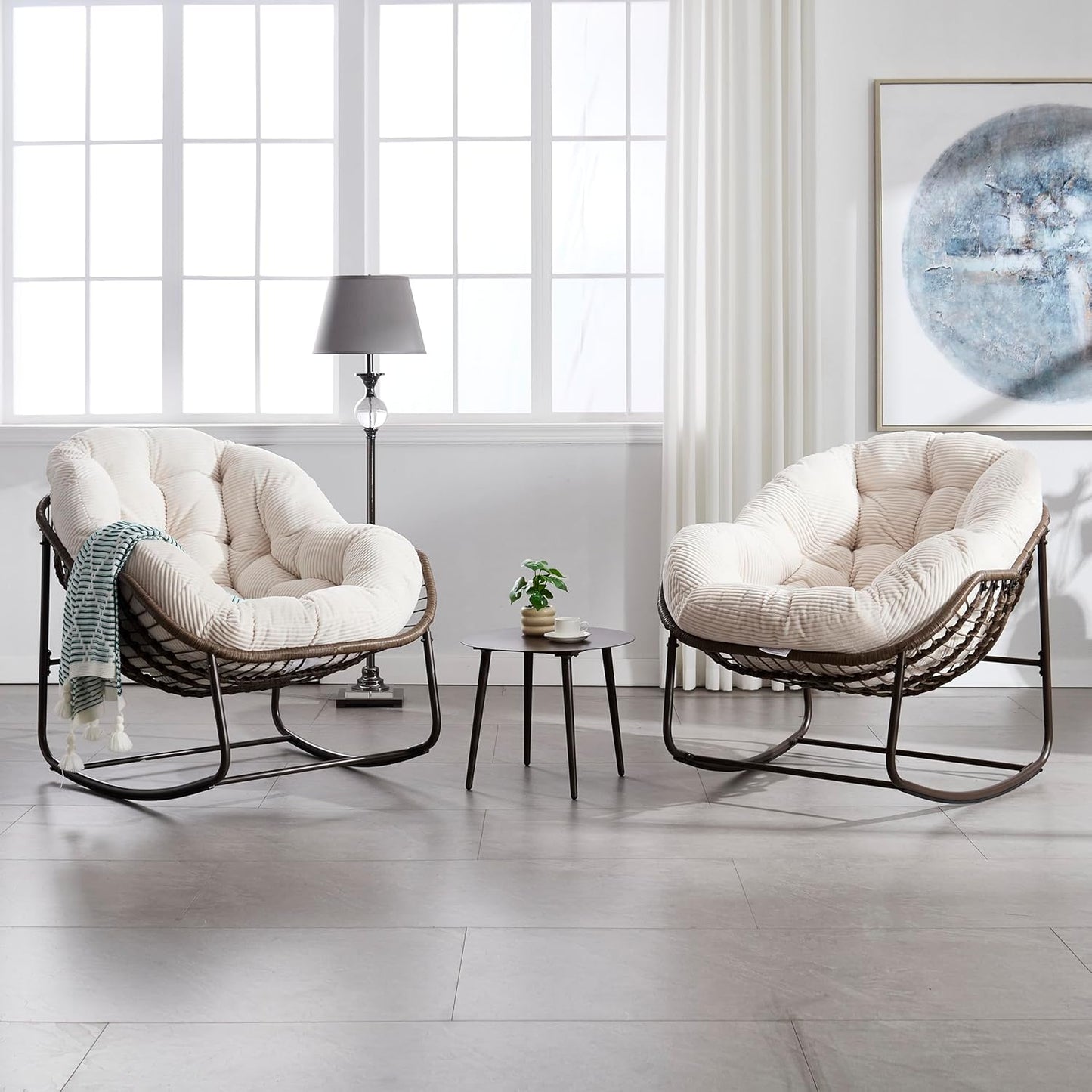 Oversized Rocking Papasan Chair – Extra Thick Cushion, Sturdy Wicker Frame, Indoor/Outdoor Lounge Chair for Porch, Patio & Balcony