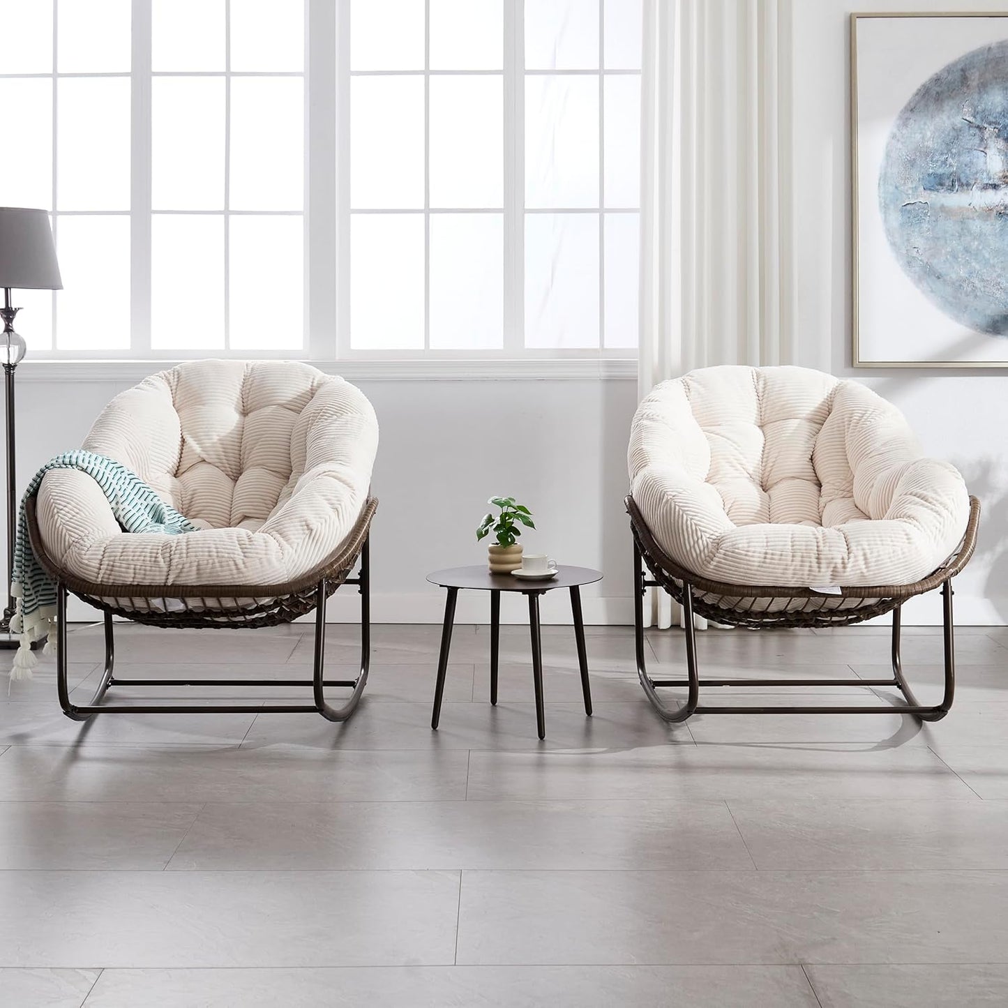 Oversized Rocking Papasan Chair – Extra Thick Cushion, Sturdy Wicker Frame, Indoor/Outdoor Lounge Chair for Porch, Patio & Balcony