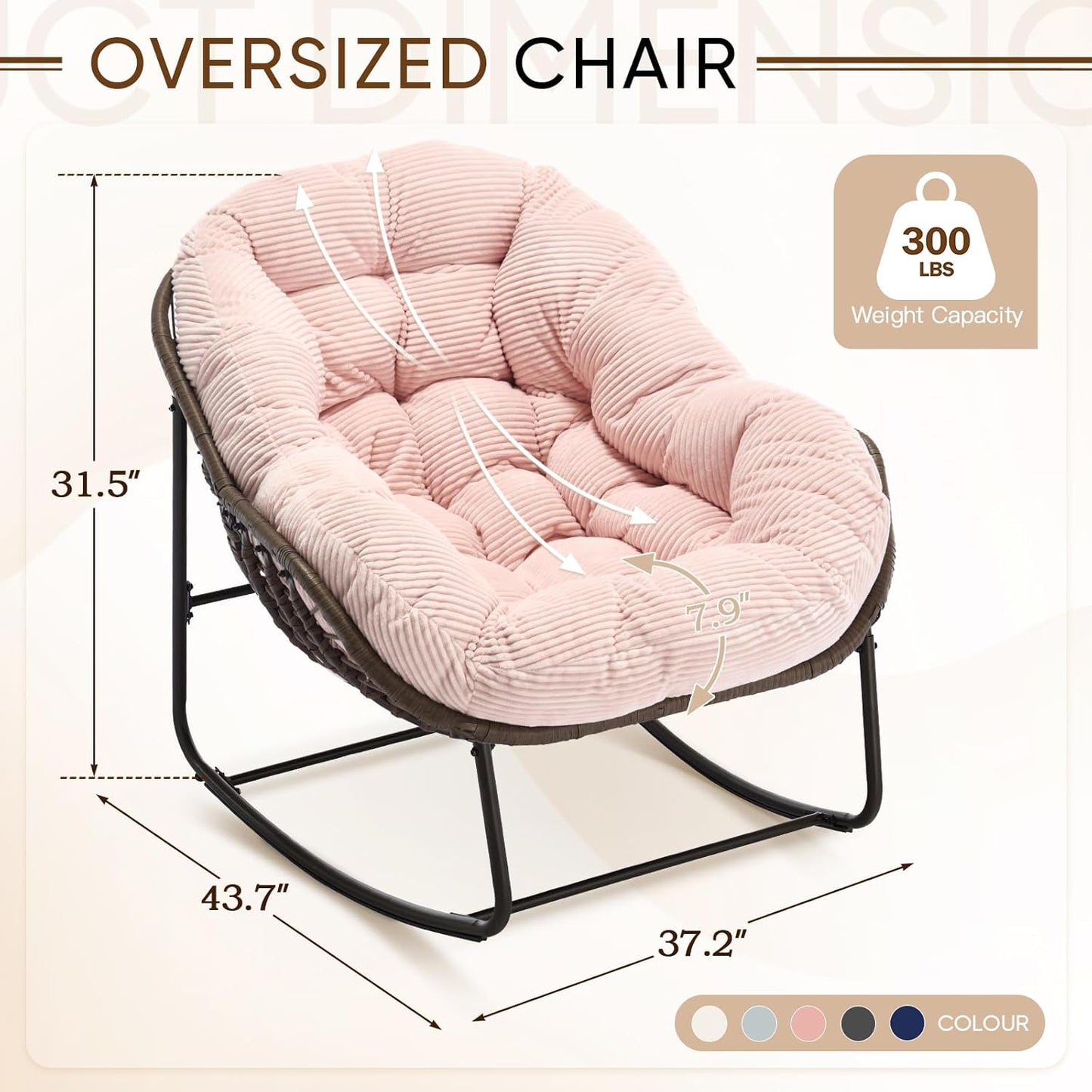 Oversized Rocking Papasan Chair – Extra Thick Cushion, Sturdy Wicker Frame, Indoor/Outdoor Lounge Chair for Porch, Patio & Balcony