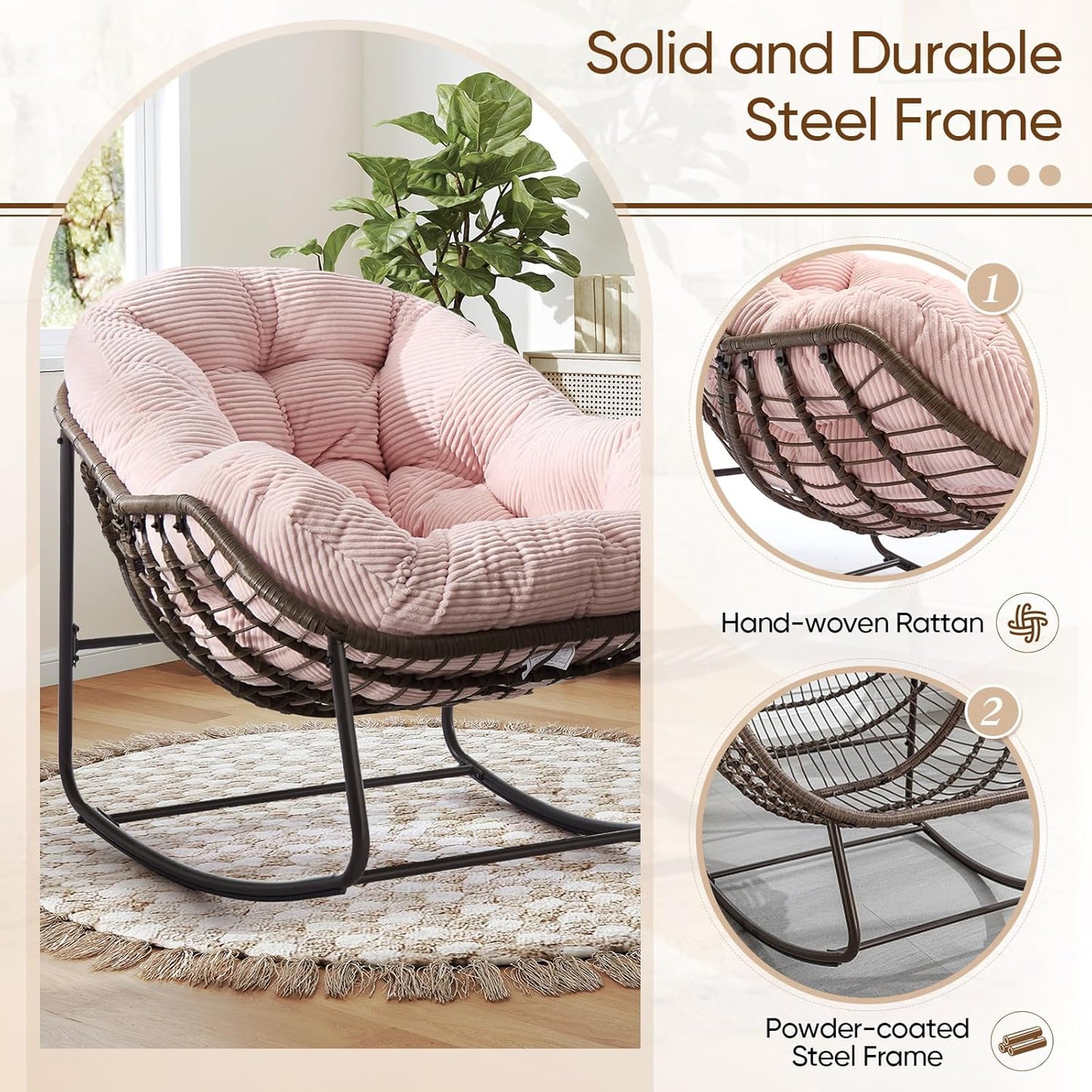 Oversized Rocking Papasan Chair – Extra Thick Cushion, Sturdy Wicker Frame, Indoor/Outdoor Lounge Chair for Porch, Patio & Balcony