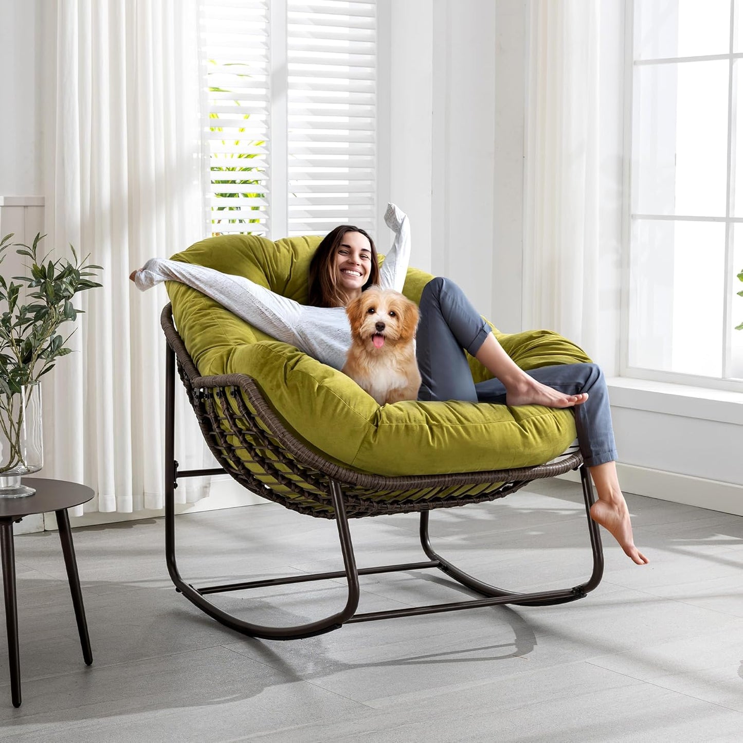 Oversized Rocking Papasan Chair – Extra Thick Cushion, Sturdy Wicker Frame, Indoor/Outdoor Lounge Chair for Porch, Patio & Balcony
