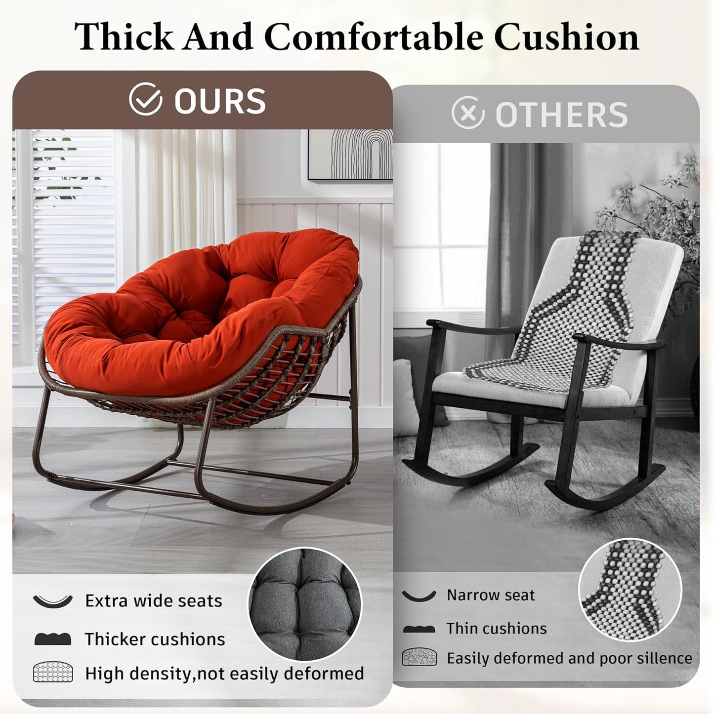 Oversized Rocking Papasan Chair – Extra Thick Cushion, Sturdy Wicker Frame, Indoor/Outdoor Lounge Chair for Porch, Patio & Balcony