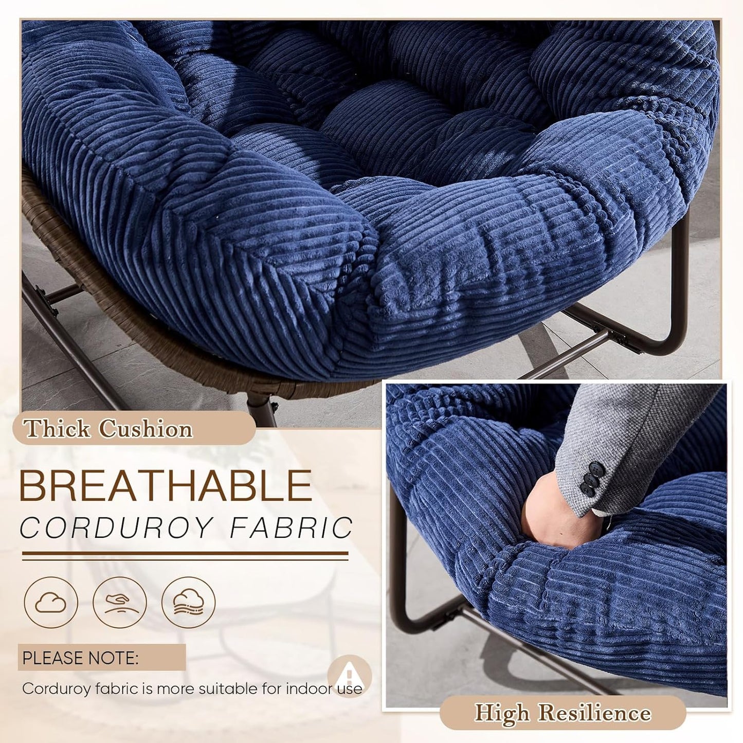 Oversized Rocking Papasan Chair – Extra Thick Cushion, Sturdy Wicker Frame, Indoor/Outdoor Lounge Chair for Porch, Patio & Balcony