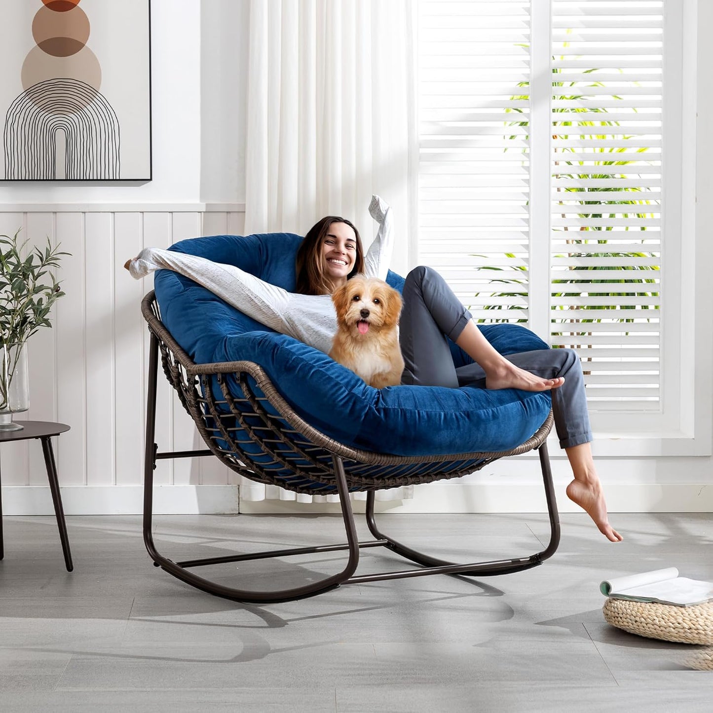 Oversized Rocking Papasan Chair – Extra Thick Cushion, Sturdy Wicker Frame, Indoor/Outdoor Lounge Chair for Porch, Patio & Balcony