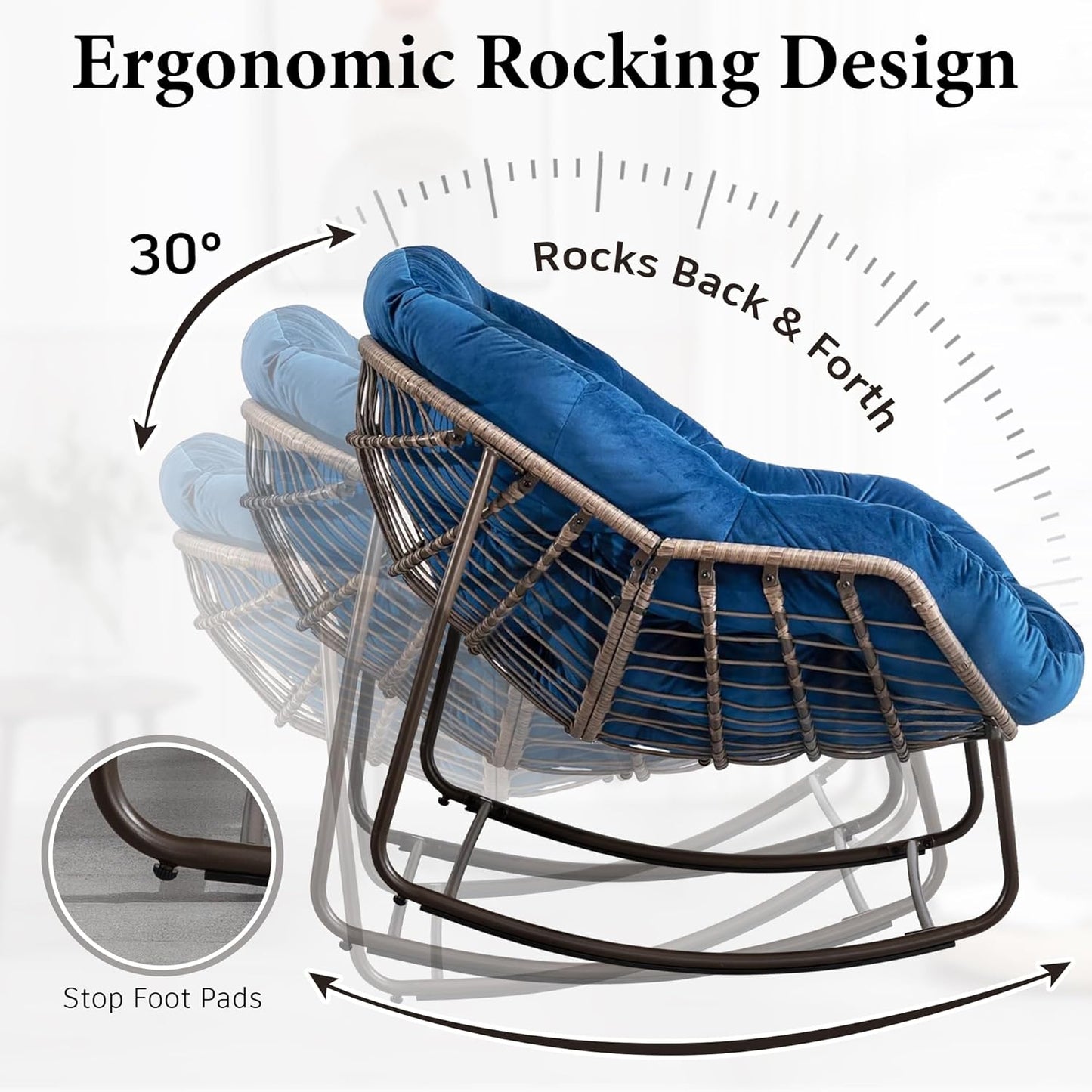 Oversized Rocking Papasan Chair – Extra Thick Cushion, Sturdy Wicker Frame, Indoor/Outdoor Lounge Chair for Porch, Patio & Balcony