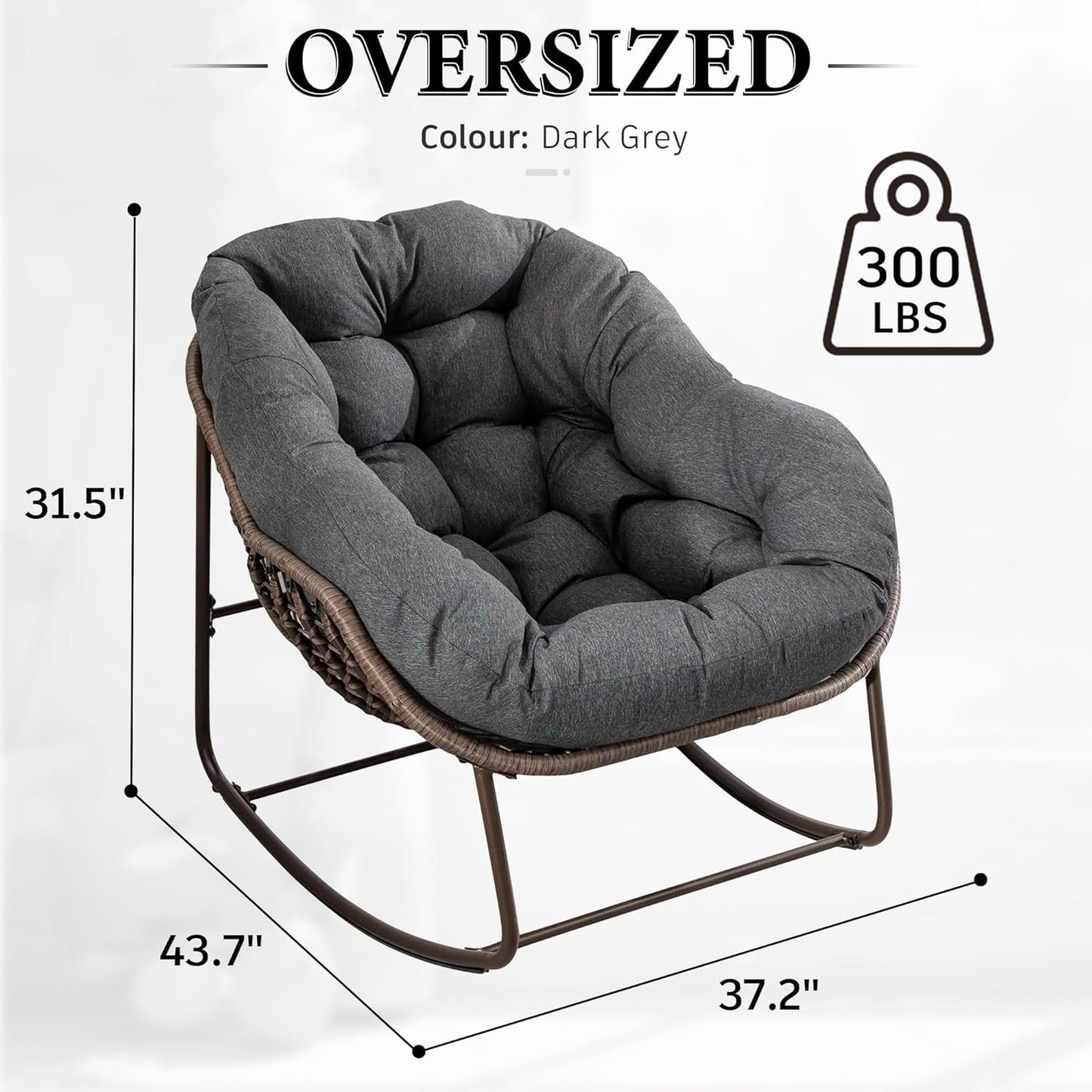 Oversized Rocking Papasan Chair – Extra Thick Cushion, Sturdy Wicker Frame, Indoor/Outdoor Lounge Chair for Porch, Patio & Balcony
