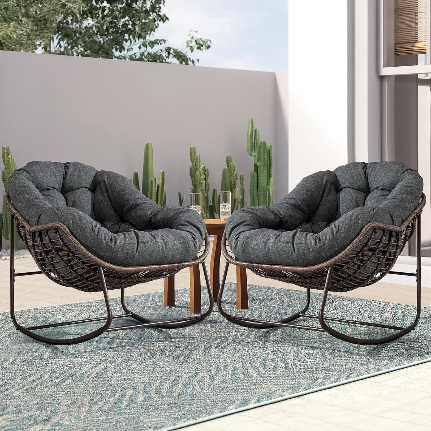 Oversized Rocking Papasan Chair – Extra Thick Cushion, Sturdy Wicker Frame, Indoor/Outdoor Lounge Chair for Porch, Patio & Balcony