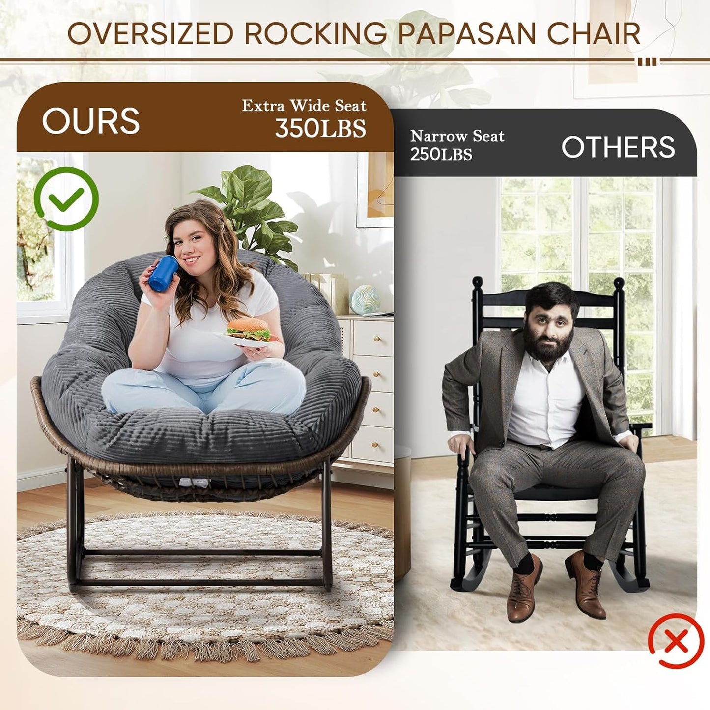 Oversized Rocking Papasan Chair – Extra Thick Cushion, Sturdy Wicker Frame, Indoor/Outdoor Lounge Chair for Porch, Patio & Balcony