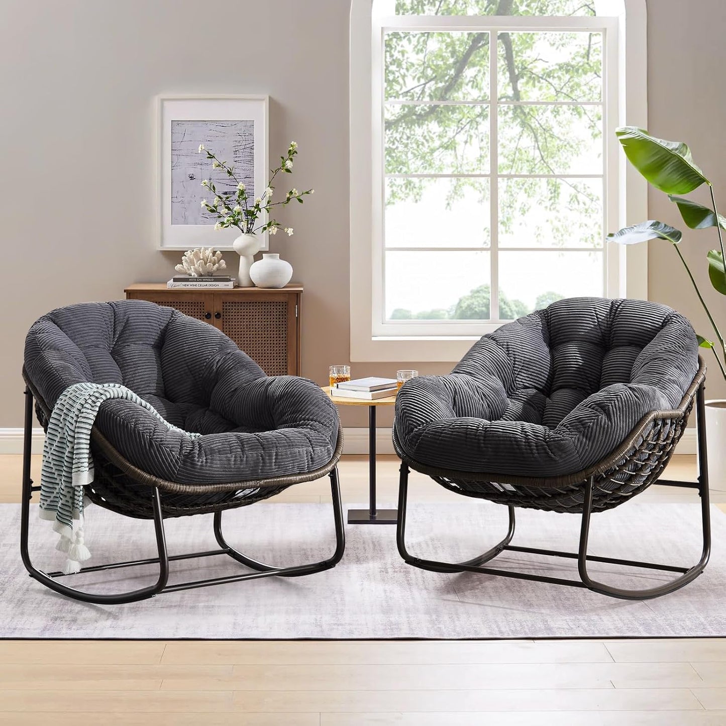 Oversized Rocking Papasan Chair – Extra Thick Cushion, Sturdy Wicker Frame, Indoor/Outdoor Lounge Chair for Porch, Patio & Balcony