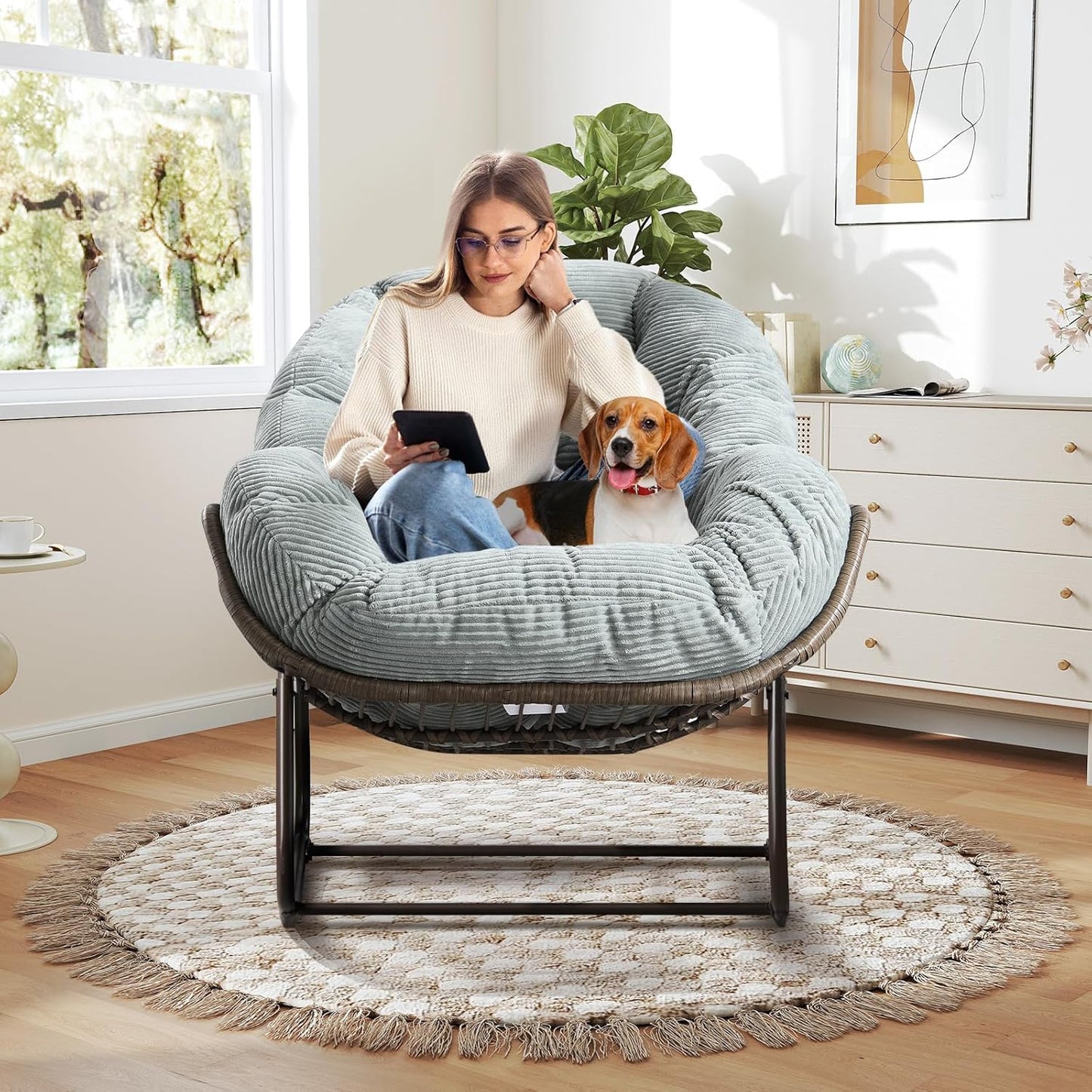 Oversized Rocking Papasan Chair – Extra Thick Cushion, Sturdy Wicker Frame, Indoor/Outdoor Lounge Chair for Porch, Patio & Balcony