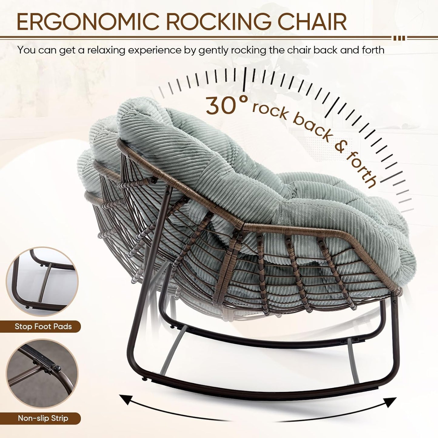 Oversized Rocking Papasan Chair – Extra Thick Cushion, Sturdy Wicker Frame, Indoor/Outdoor Lounge Chair for Porch, Patio & Balcony
