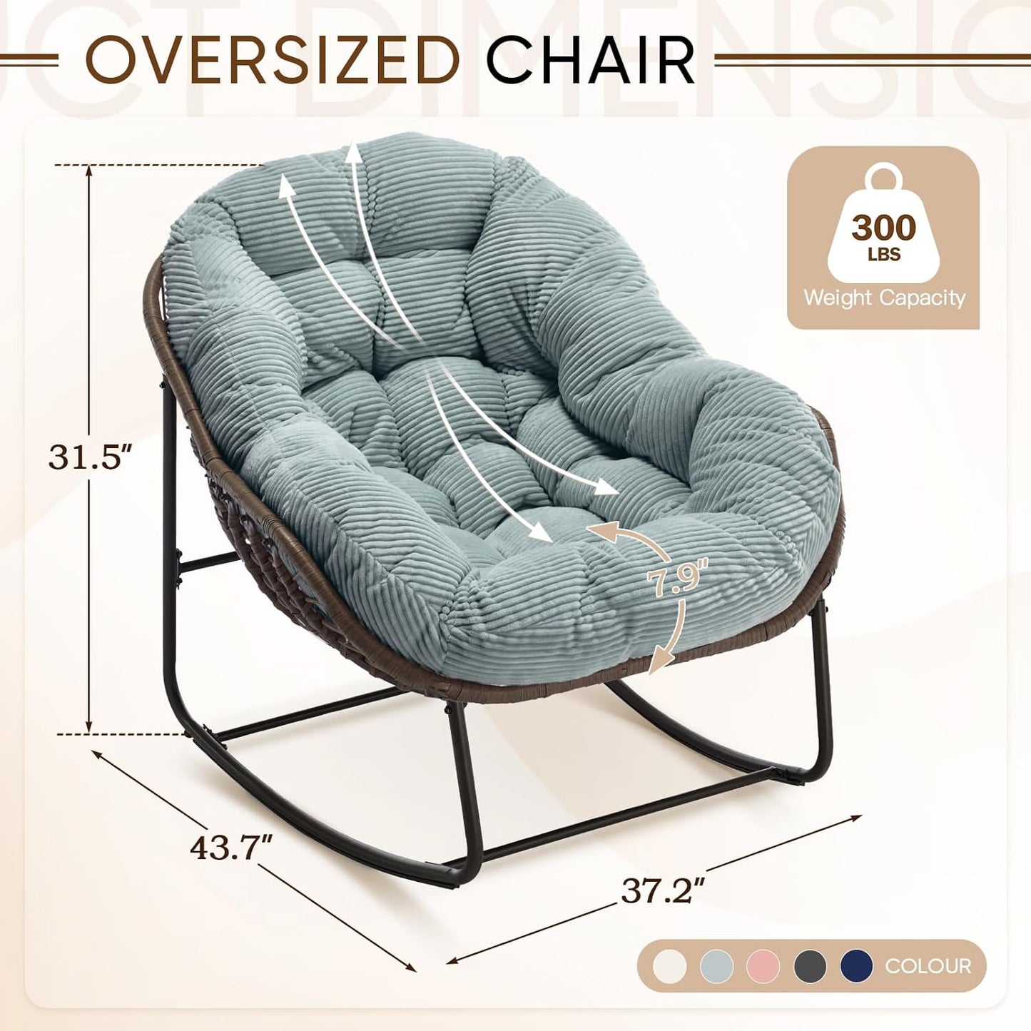 Oversized Rocking Papasan Chair – Extra Thick Cushion, Sturdy Wicker Frame, Indoor/Outdoor Lounge Chair for Porch, Patio & Balcony
