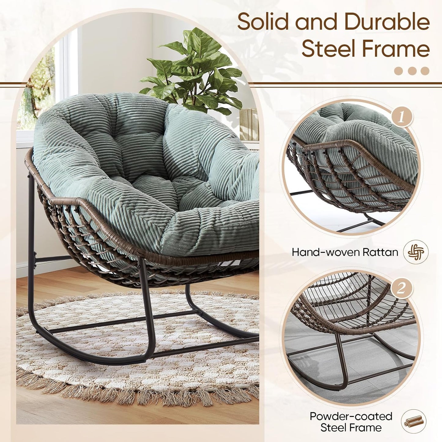 Oversized Rocking Papasan Chair – Extra Thick Cushion, Sturdy Wicker Frame, Indoor/Outdoor Lounge Chair for Porch, Patio & Balcony
