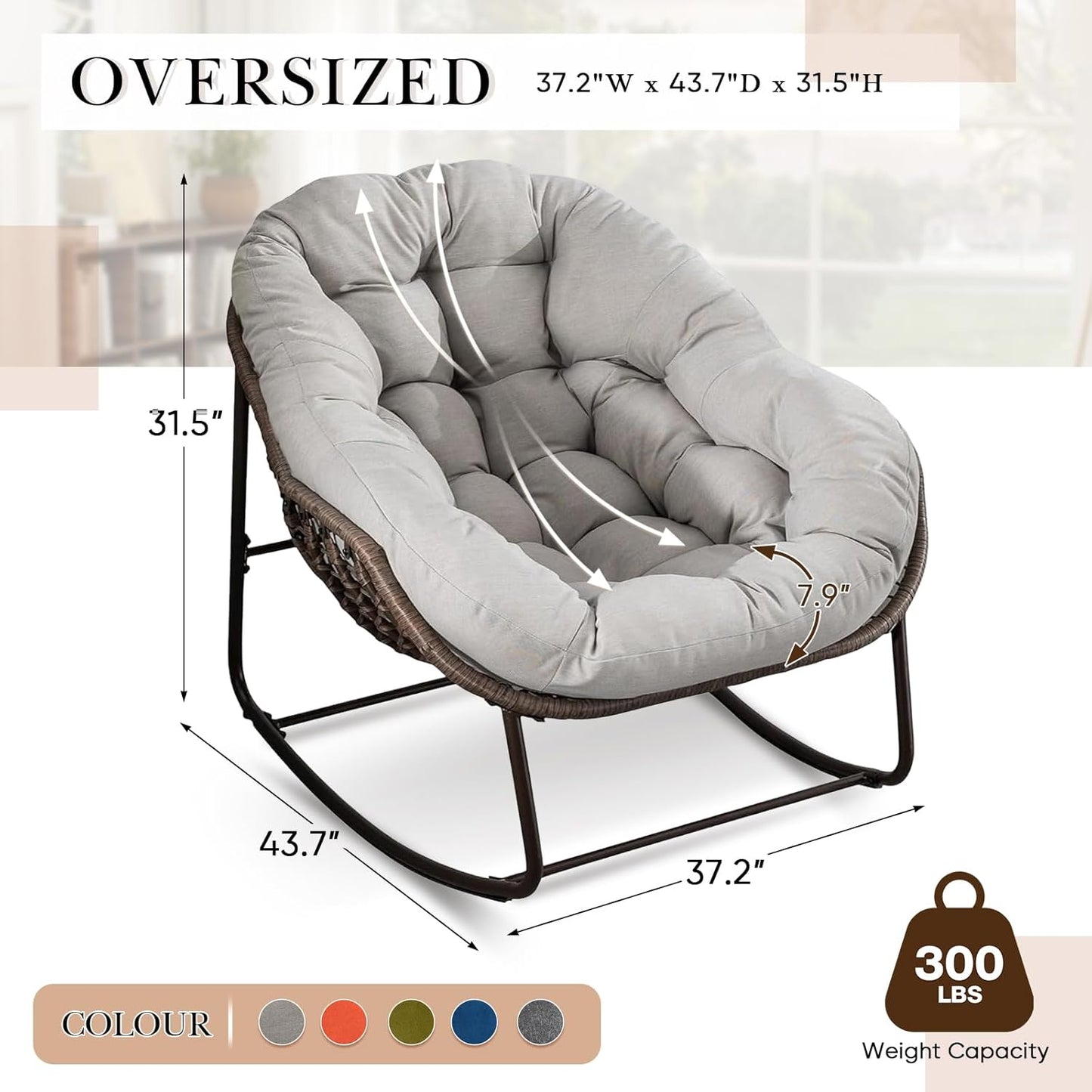 Oversized Rocking Papasan Chair – Extra Thick Cushion, Sturdy Wicker Frame, Indoor/Outdoor Lounge Chair for Porch, Patio & Balcony