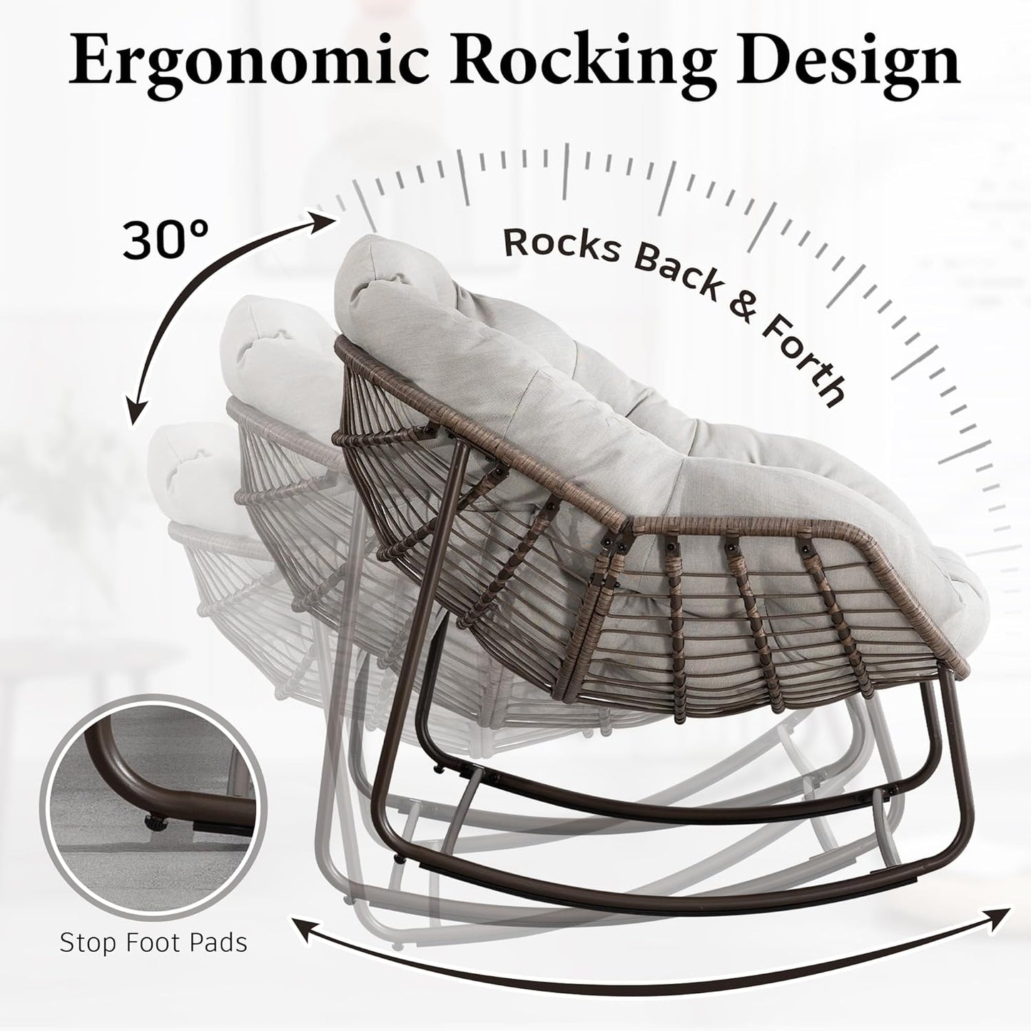Oversized Rocking Papasan Chair – Extra Thick Cushion, Sturdy Wicker Frame, Indoor/Outdoor Lounge Chair for Porch, Patio & Balcony