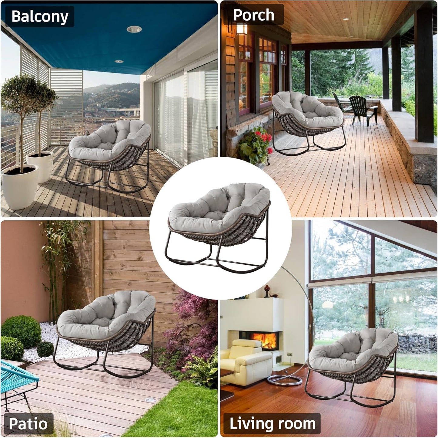 Oversized Rocking Papasan Chair – Extra Thick Cushion, Sturdy Wicker Frame, Indoor/Outdoor Lounge Chair for Porch, Patio & Balcony