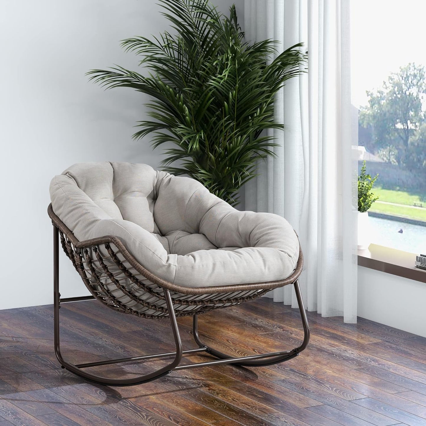 Oversized Rocking Papasan Chair – Extra Thick Cushion, Sturdy Wicker Frame, Indoor/Outdoor Lounge Chair for Porch, Patio & Balcony