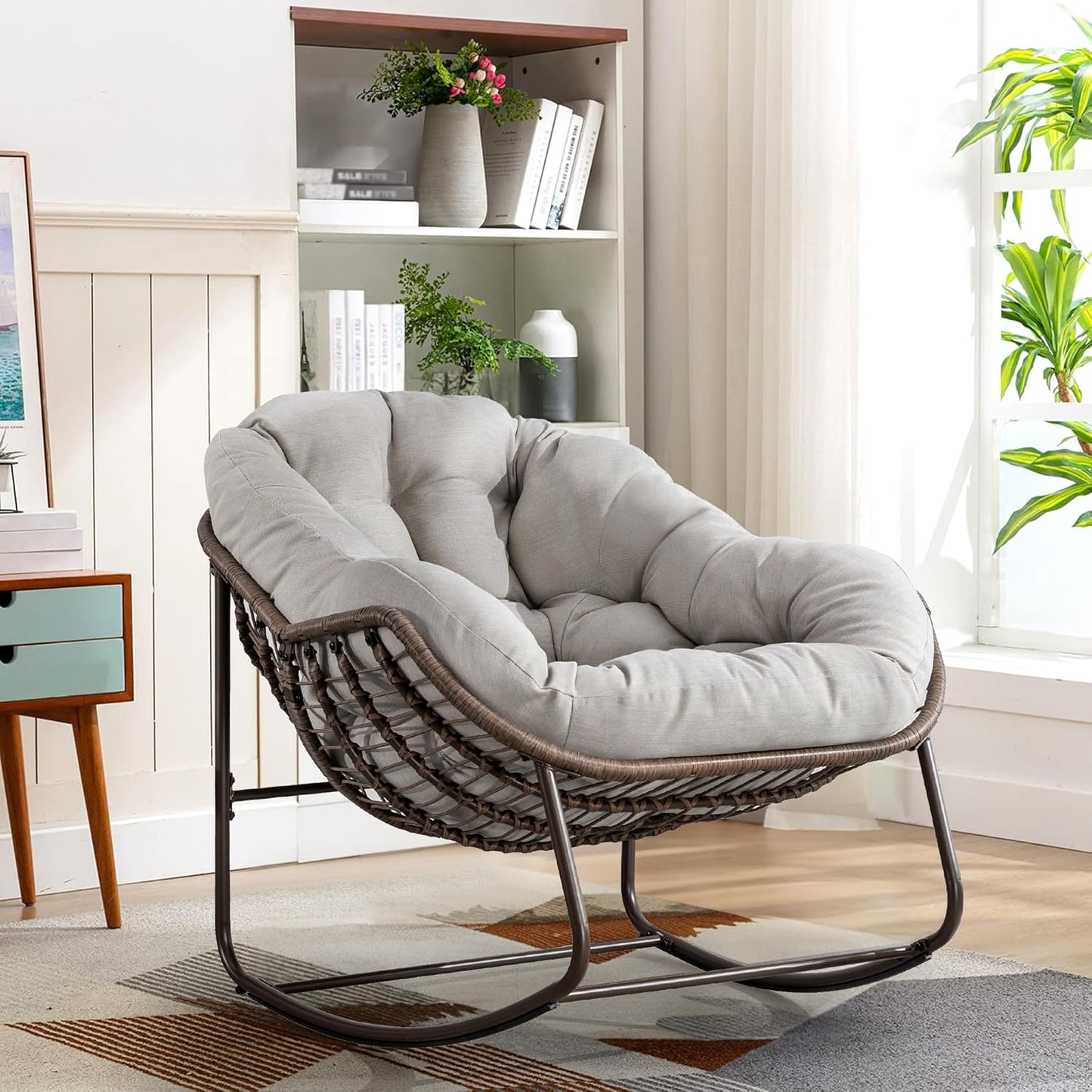 Oversized Rocking Papasan Chair – Extra Thick Cushion, Sturdy Wicker Frame, Indoor/Outdoor Lounge Chair for Porch, Patio & Balcony