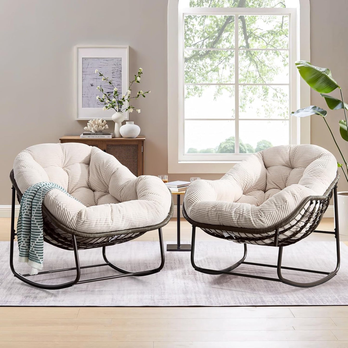 Oversized Rocking Papasan Chair – Extra Thick Cushion, Sturdy Wicker Frame, Indoor/Outdoor Lounge Chair for Porch, Patio & Balcony