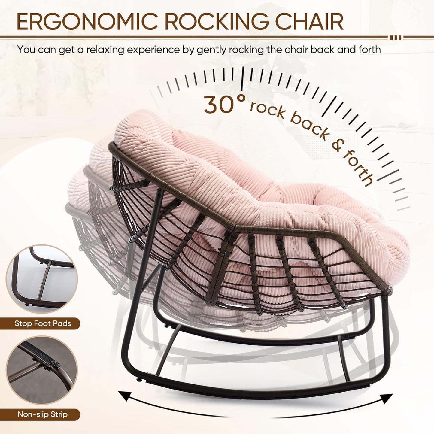 Oversized Rocking Papasan Chair – Extra Thick Cushion, Sturdy Wicker Frame, Indoor/Outdoor Lounge Chair for Porch, Patio & Balcony