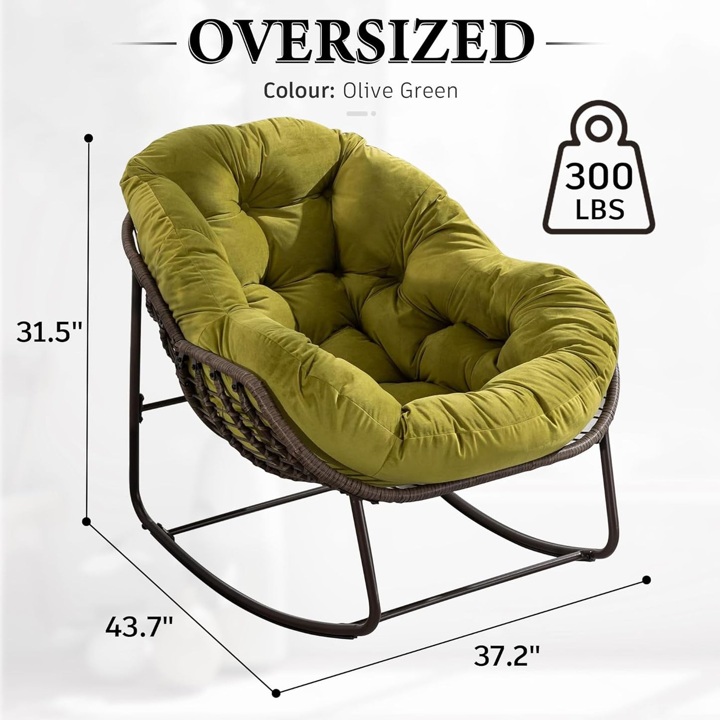 Oversized Rocking Papasan Chair – Extra Thick Cushion, Sturdy Wicker Frame, Indoor/Outdoor Lounge Chair for Porch, Patio & Balcony